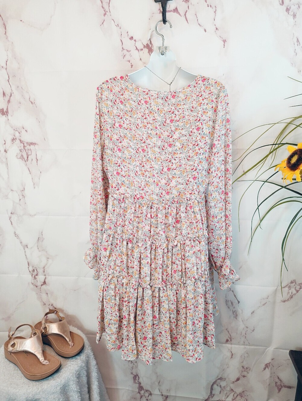 Dress Forum LA Floral Tiered Boho Fully Lined Cottagecore Pink Dress L - Picture 4 of 6